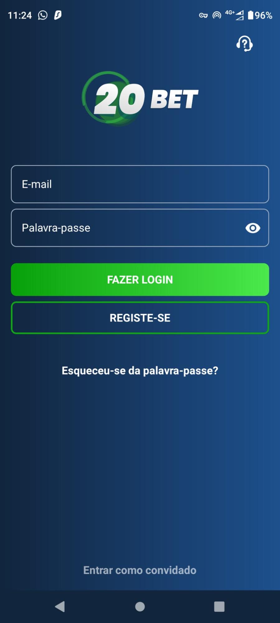 20Bet Clique no botão Entrar